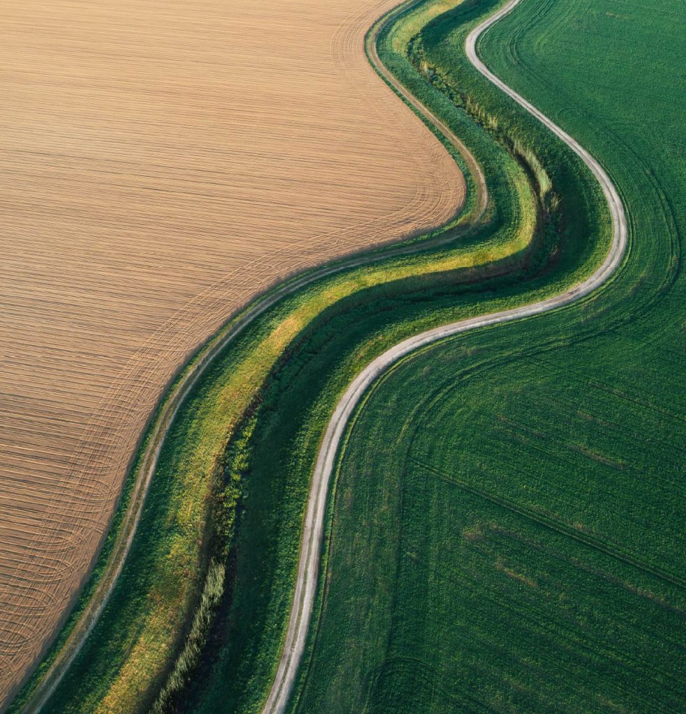 aerial view of a winding road cutting through a lush green field
