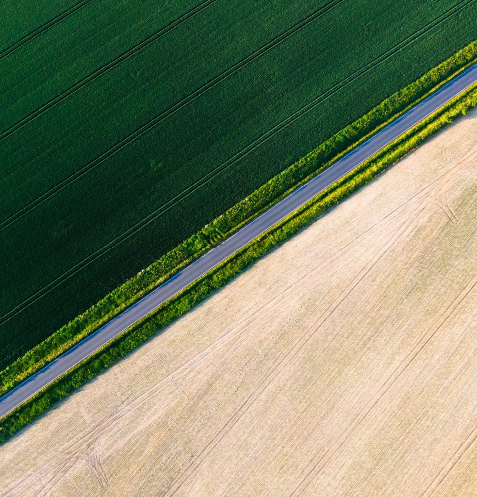 overhead perspective of a road cutting through a vibrant green field