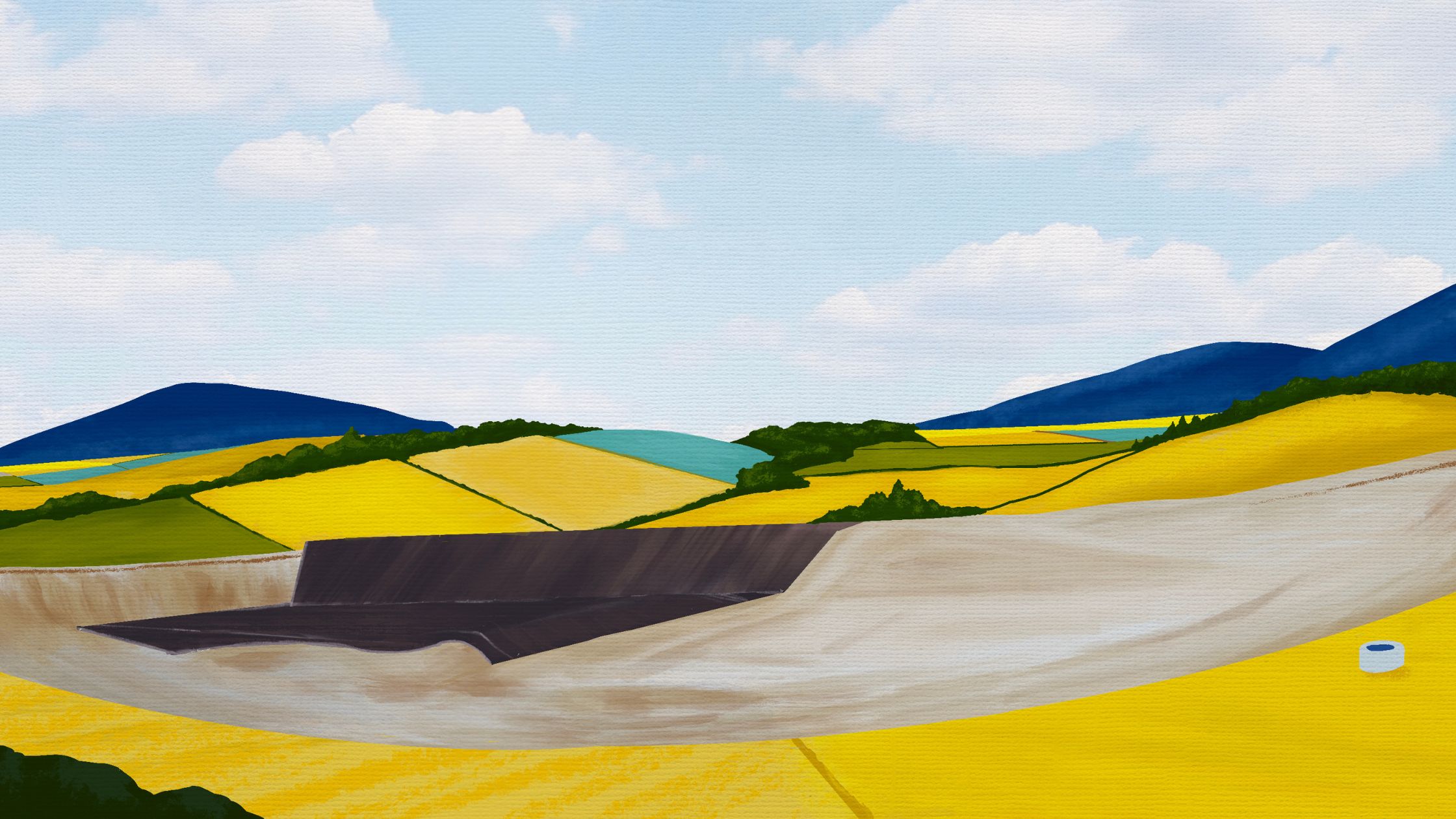 A watercolor illustration of farm prepping for wind turbine installation