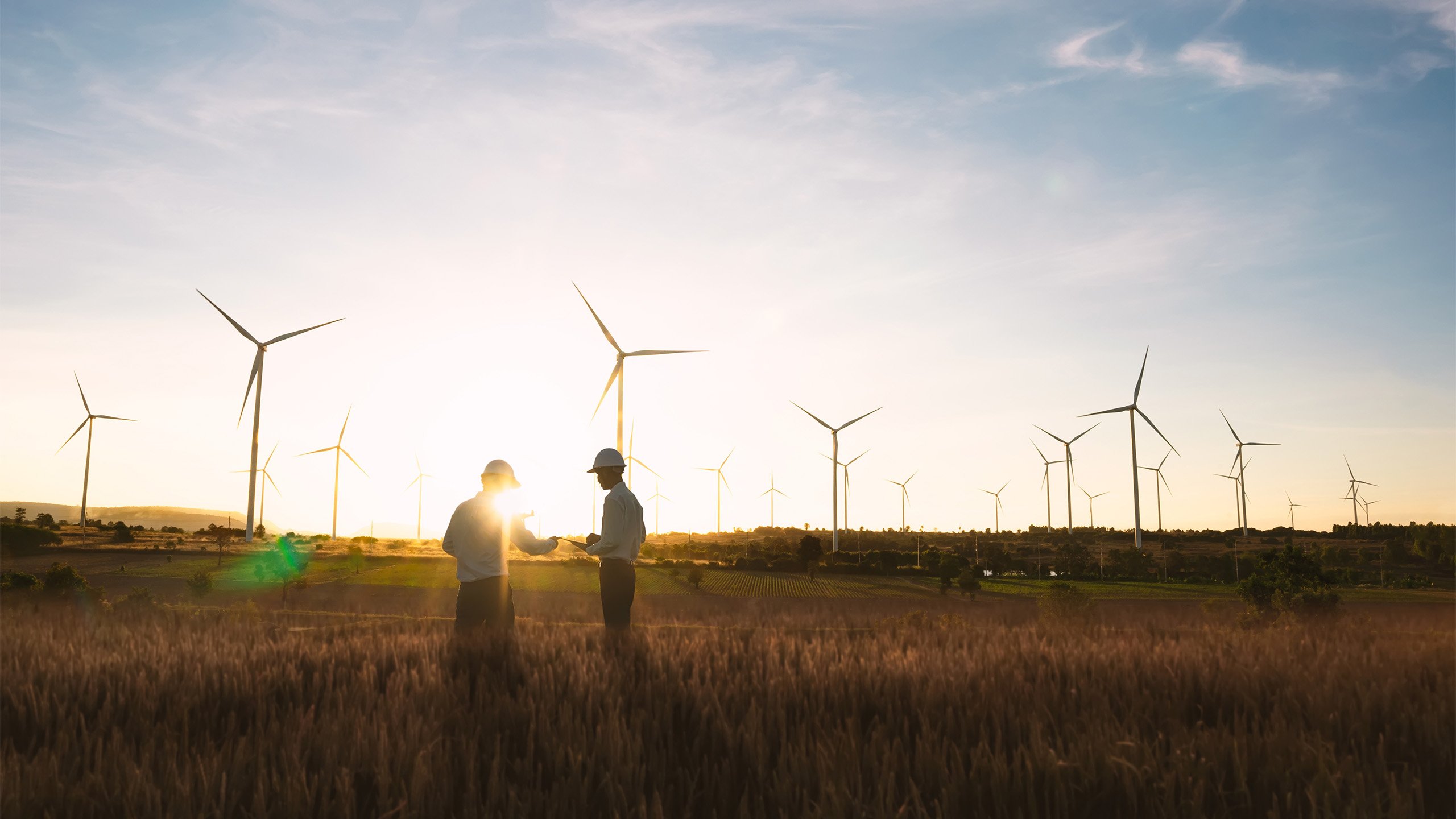 A landowner and technician standing in front of a wind farm 