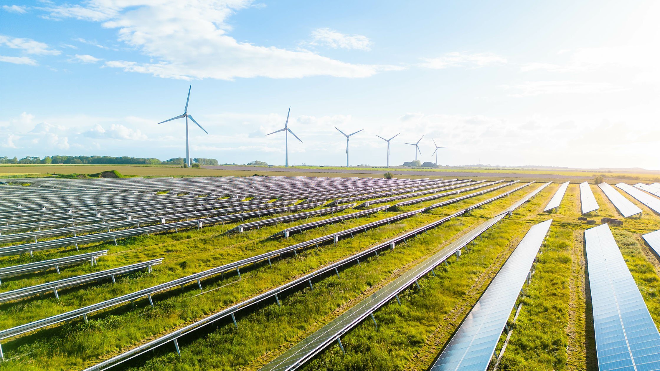 Wind turbines and solar panels in a field on a sunny day