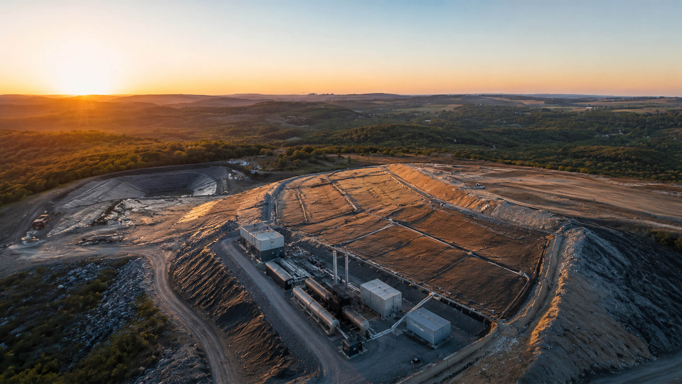 Aerial view of a landfill gas recovery site at sunset