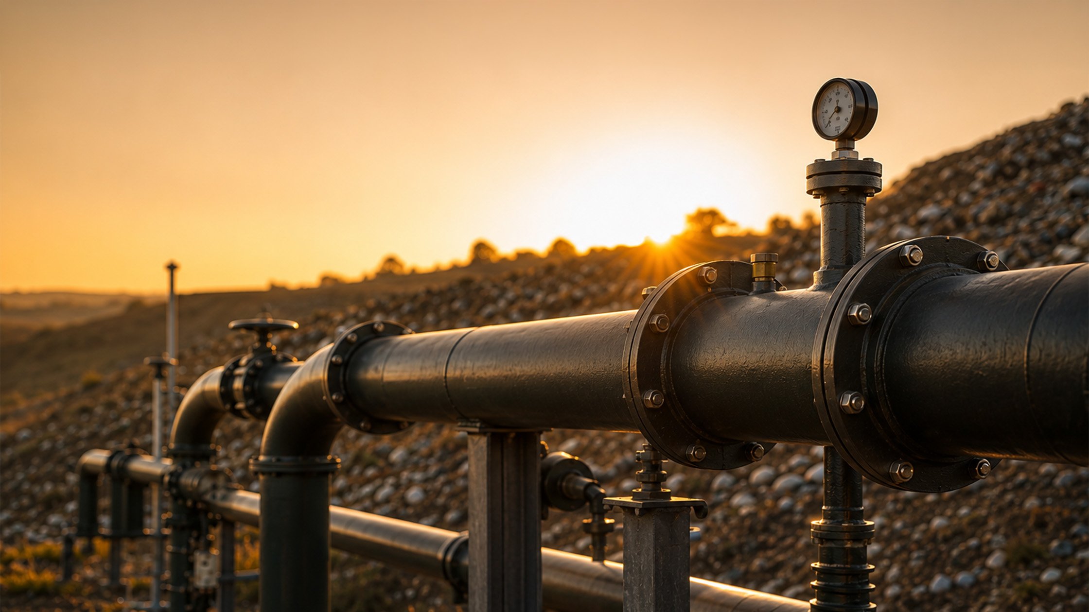 Side view of a landfill gas extraction system at sunset